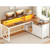 Farmhouse L Shaped 55" Desk with Drawers and Storage Shelves, and LED Lights