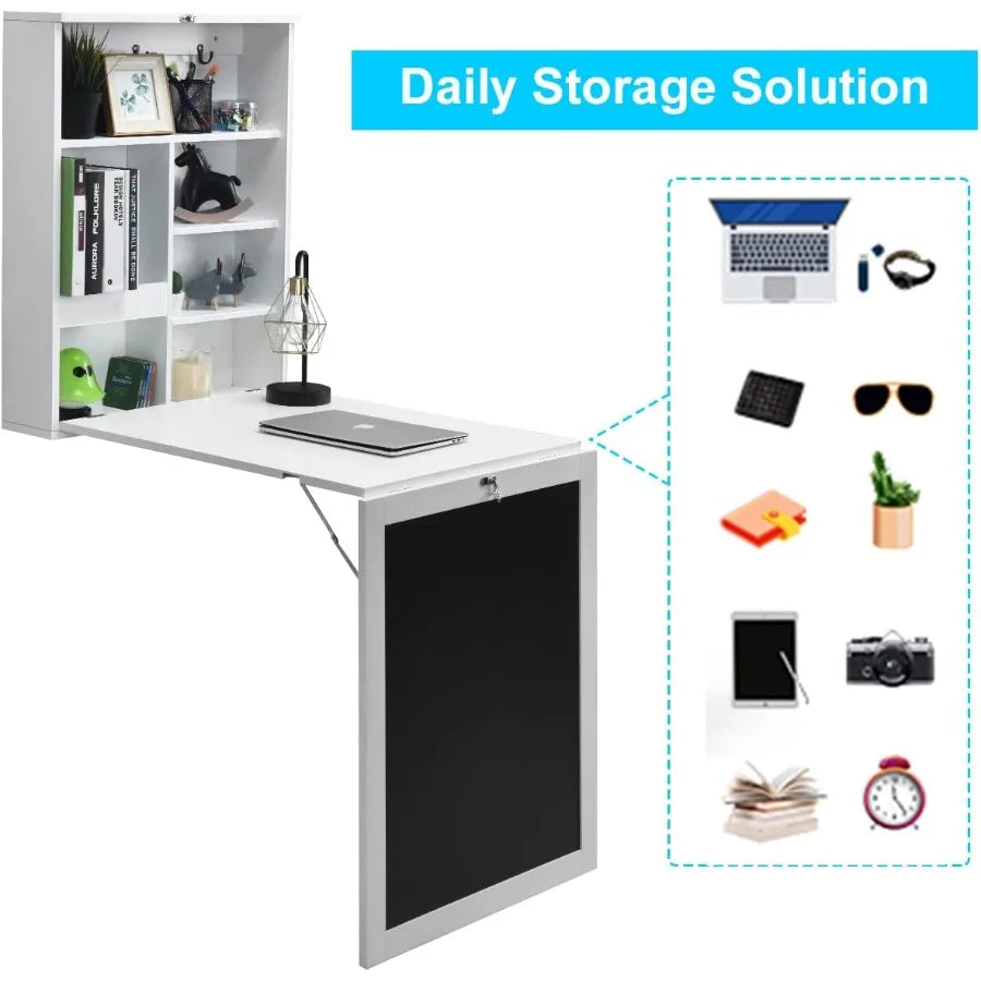 FurnishSpot Hideaway Fold Wall Desk – Wall-Mounted Folding Desk with Storage Shelves & Hooks