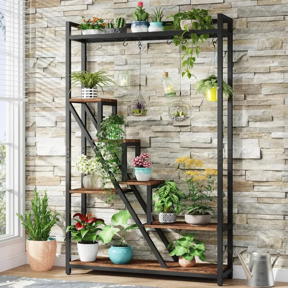 70.9" Tall Indoor Plant Stand, 7-Tier Large Plant Shelf with 5 S-Hooks, Industrial Wood Flower Stand Display Rack For