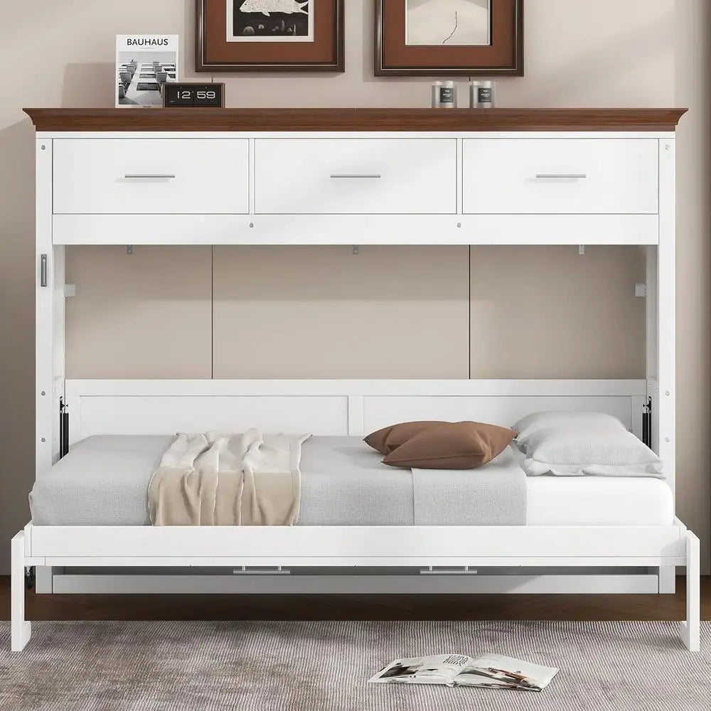 FurnishSpot™ Twin Size Horizontal Murphy Bed with Storage Drawers – Walnut Finish Foldable Wall Bed