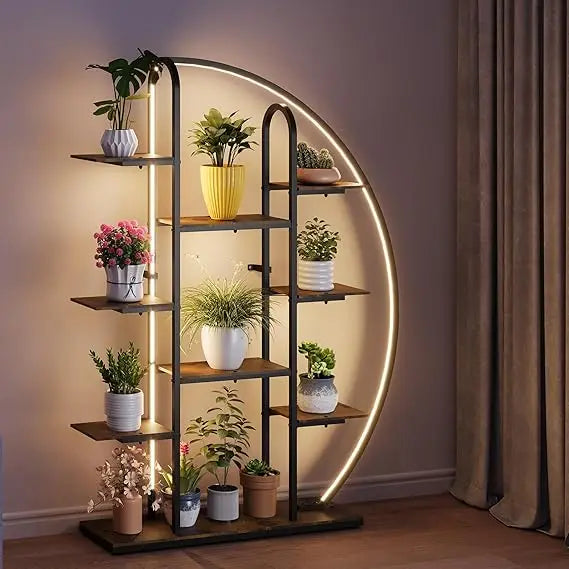 9-Tier Moon-Shaped Plant Stand with Full-Spectrum LED Grow Lights – Indoor Metal Flower Shelf for Bonsai, Succulents, Potted Plants, Living Room, Balcony, Office