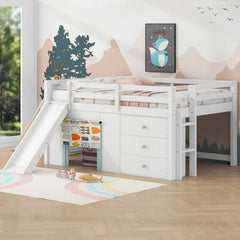 Playful Design Full Size Low Loft Bed with Slide and 3 Storage Drawers, Multiple Functions Wooden Loft Bed Frame with 2 Doors fo