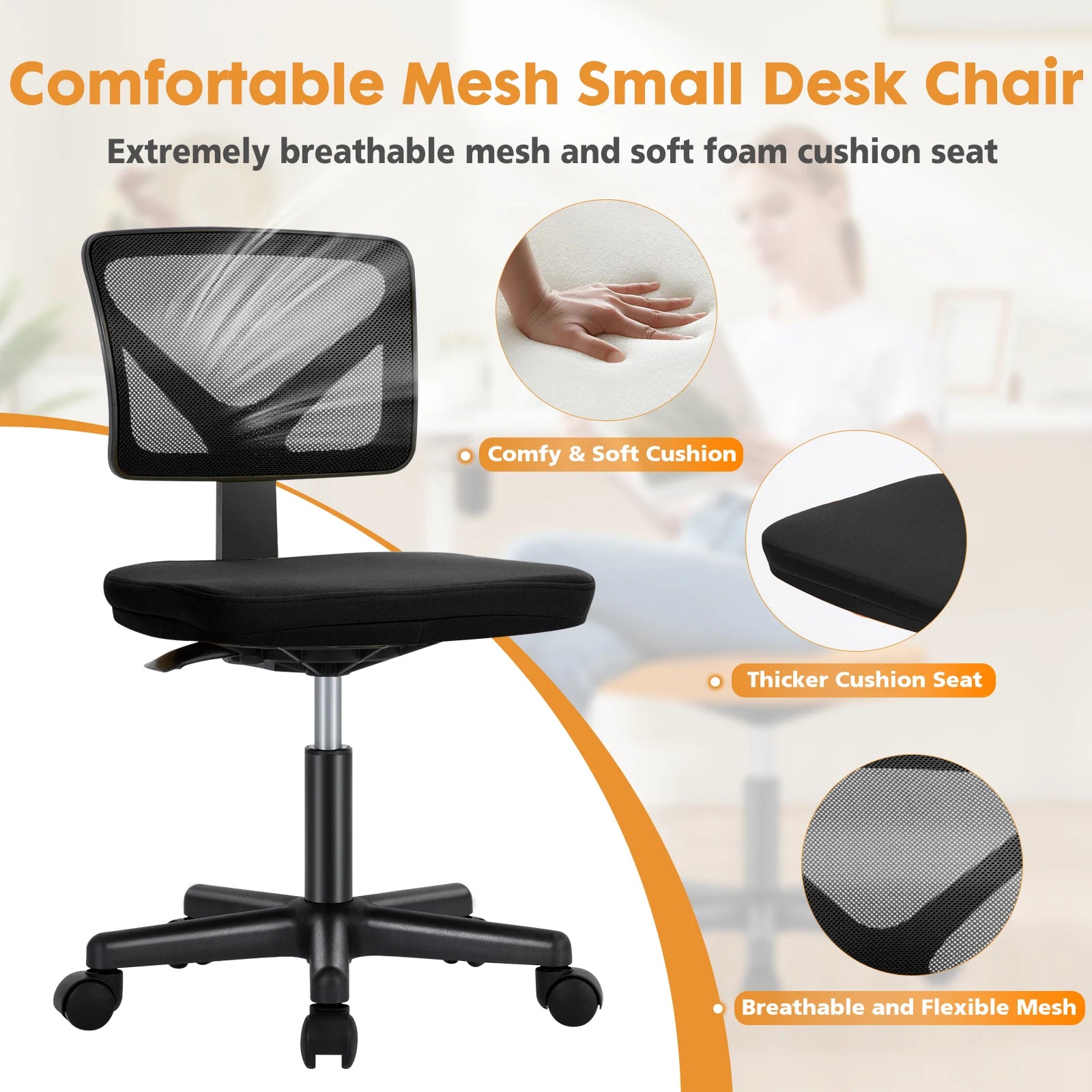 Lumbar Support Low Back Adjustable Height 360° Rolling Swivel Office Chair