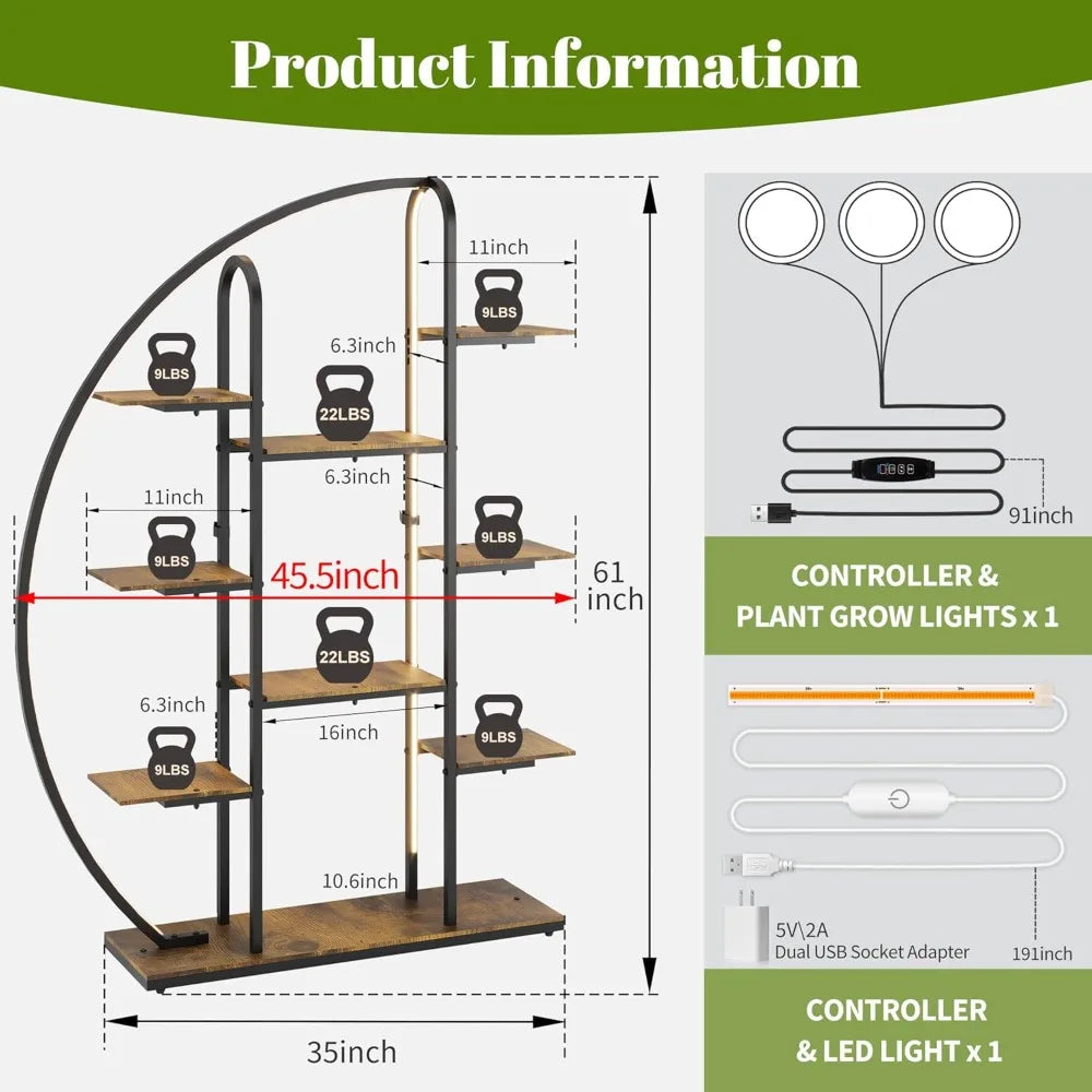 9-Tier Moon-Shaped Plant Stand with Full-Spectrum LED Grow Lights – Indoor Metal Flower Shelf for Bonsai, Succulents, Potted Plants, Living Room, Balcony, Office