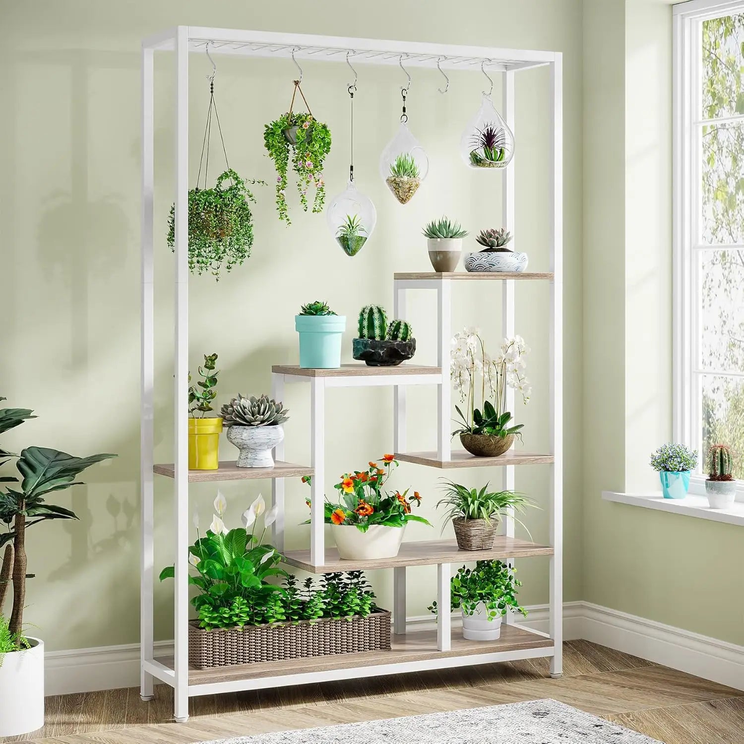 Indoor Plant Stand, 70.9 inches Large Metal Plant Shelf with 6PC S Hanging Hooks