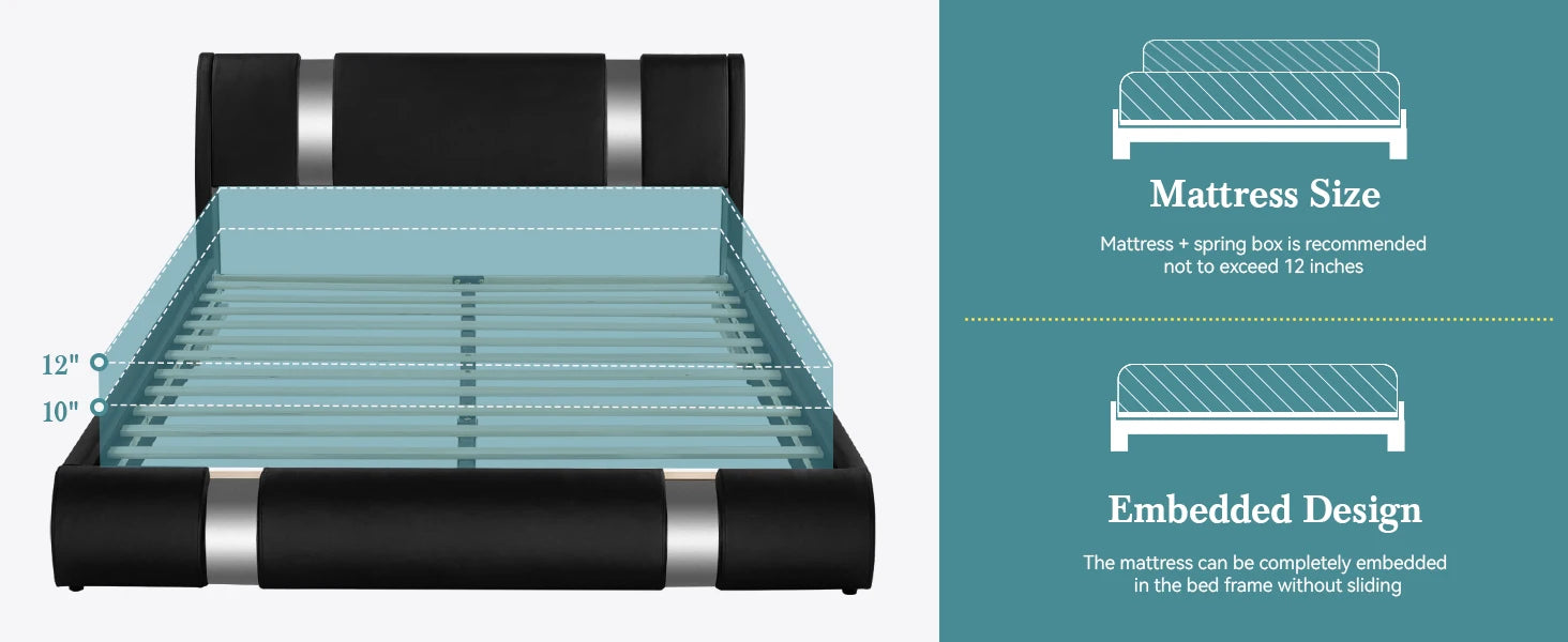 Modern Faux Leather Low Profile Platform Bed with Height-Adjustable Headboard