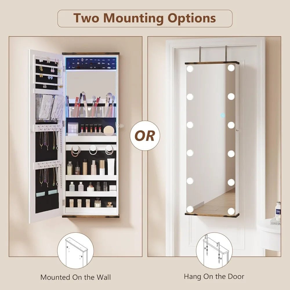 43.5" Hanging Jewelry Armoire with 12 Hollywood Bulbs, Full-Length Mirror & Large Lockable Storage