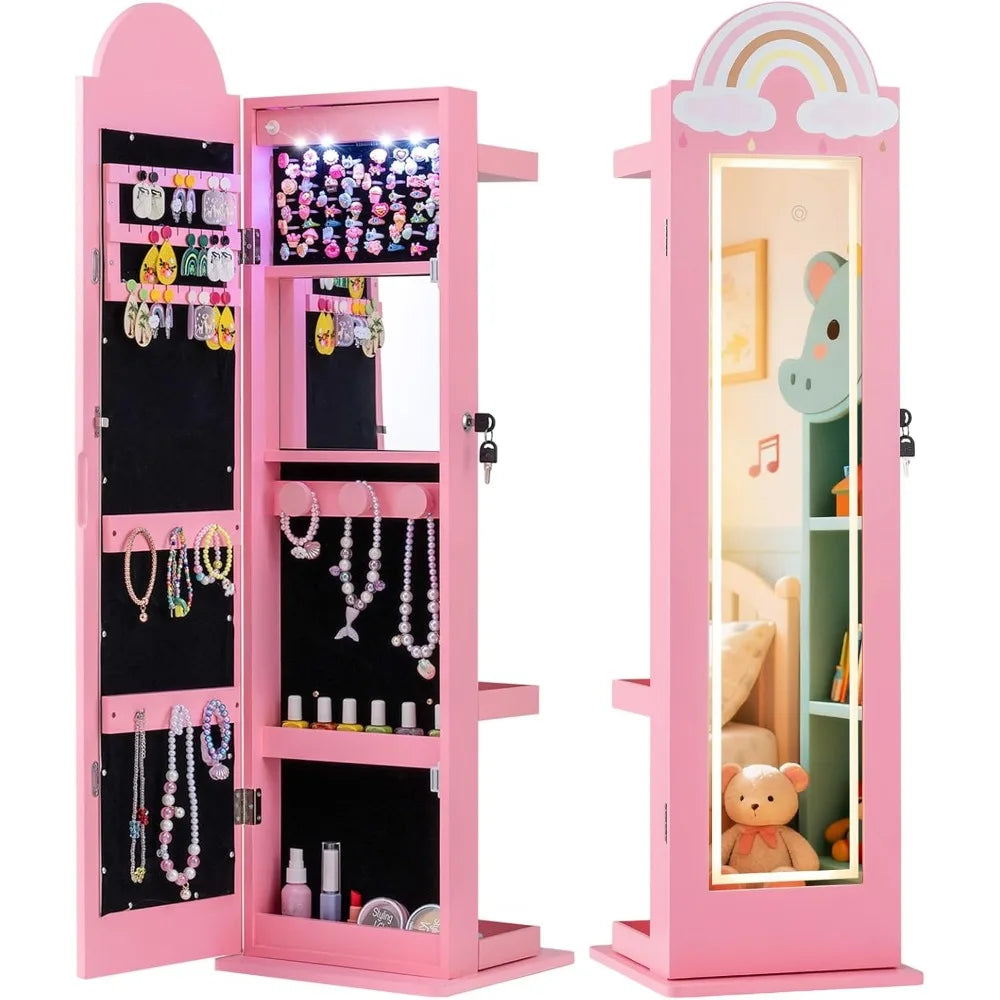 Rainbow Standing Jewelry Armoire with LED Lights, Full-Length Mirror & Makeup Mirror