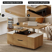 FurnishSpot Natural Lift-Top Coffee Table with Hidden Storage | 3-in-1 Multifunction Center Table with 4 Stools