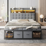 Full Size Bed Frame with Headboard and 60" W Bed End Stool, 2 Drawers & LED & Charging Port