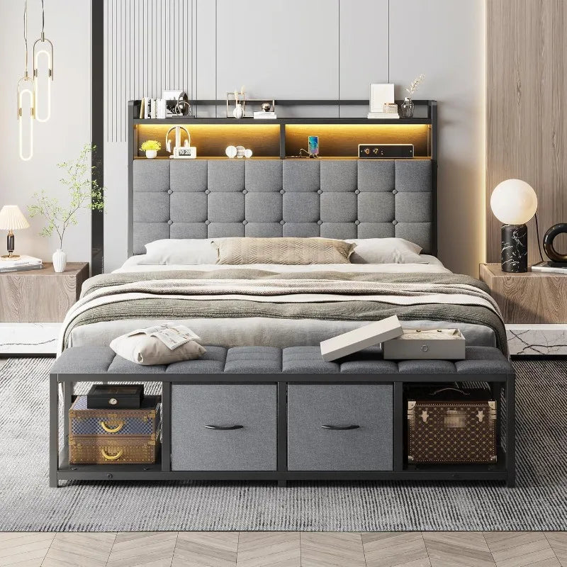 Full Size Bed Frame with Headboard and 60" W Bed End Stool, 2 Drawers & LED & Charging Port