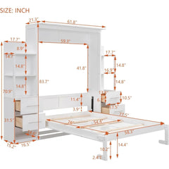 Full Murphy Bed with Storage Shelves, Drawers, LED Light, and Flexible Slats Support