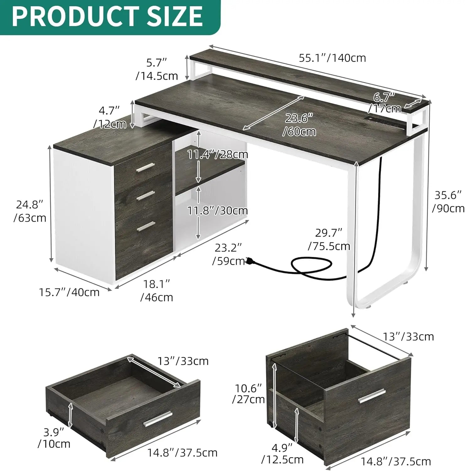 L Shaped Desk with Drawers, 55" Corner Computer Desk with Power Outlets, L-Shaped Desk with LED Lights & File Cabinet for Home O