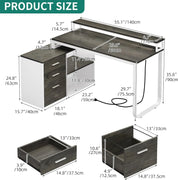 L Shaped Desk with Drawers, 55" Corner Computer Desk with Power Outlets, L-Shaped Desk with LED Lights & File Cabinet for Home O