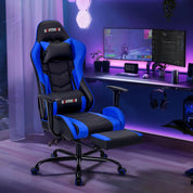 Gaming Chair w/ Footrest: Ergonomic PU Leather Recliner & Rocker, Massage Headrest/Lumbar (Blue)