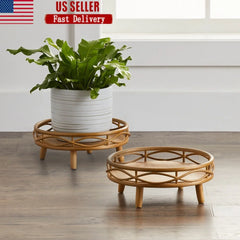 Rustic Rattan Plant Stand Round Weather Resistant Indoor Outdoor Display Holder Wooden Flower Pot Stand Home Garden Décor