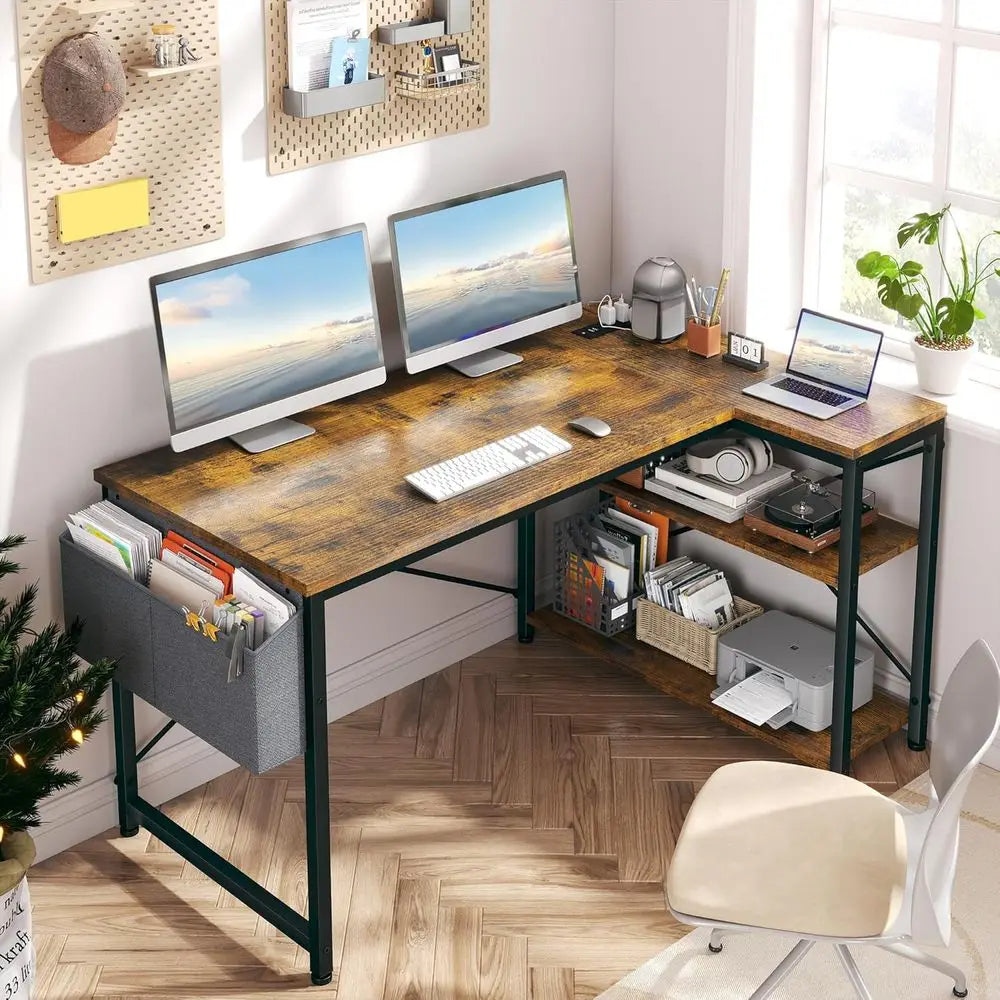 FurnishSpot SpaceSmart™ L-Shaped Computer Desk with Power & Storage – Rustic Brown