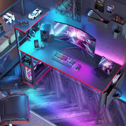 52 inch Gaming Computer Desk with LED Lights & Shelves Carbon Fiber, Reversible desk