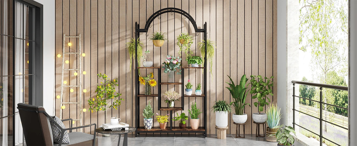 Tribesigns 5-Tier Tall Indoor Plant Stand, 74.8'' Arched Metal Flower Shelf with Hanging Hooks, Large Bonsai Pots Display Rack
