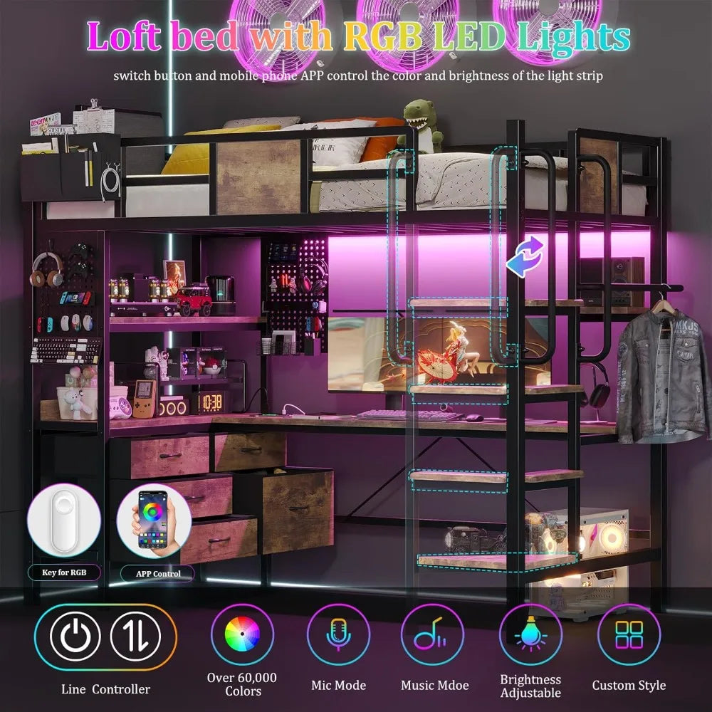Bunk Bed with Desk Underneath, RGB LED Lights, Charging Station, and 5 Storage Drawer Cabinets