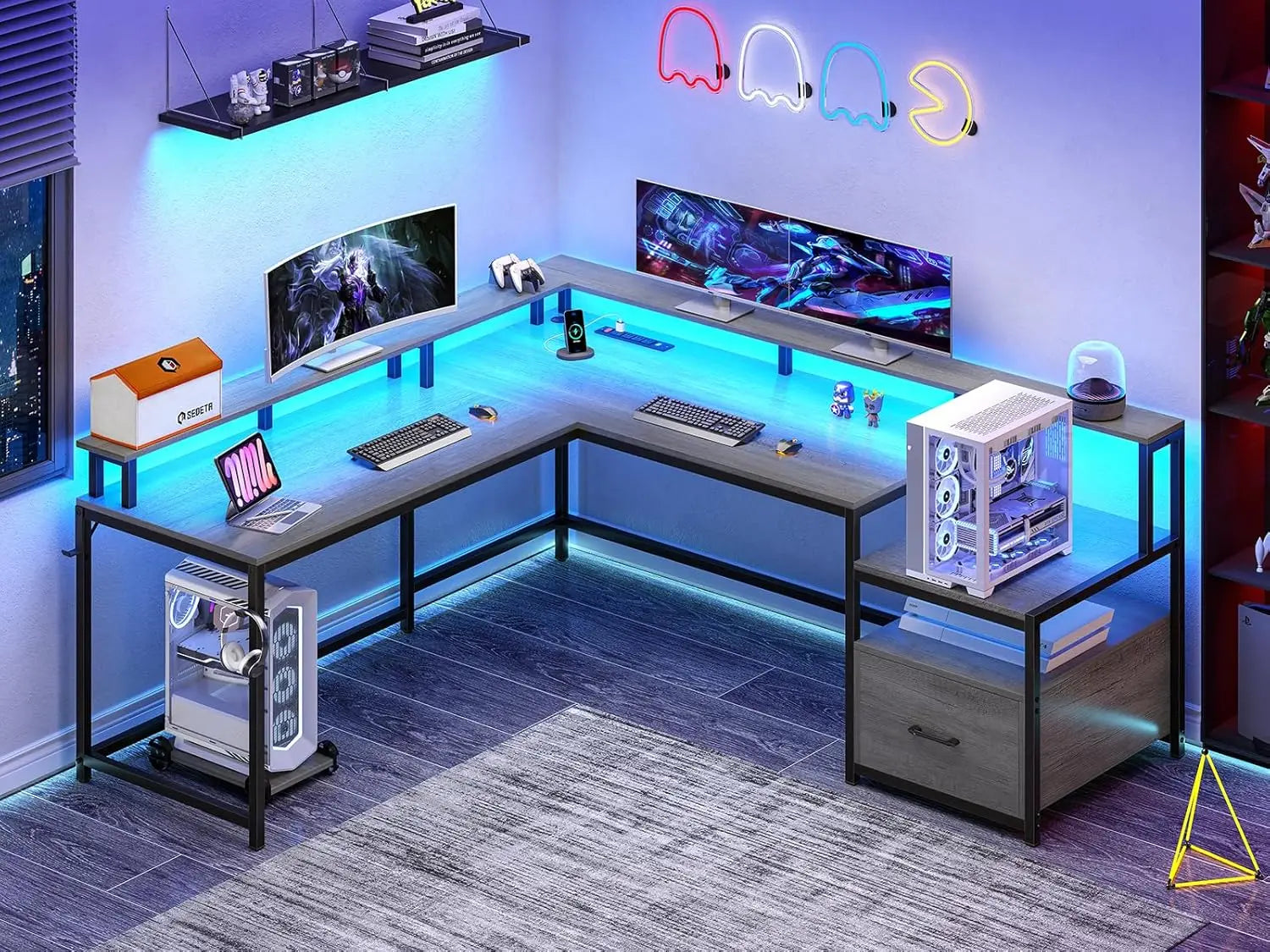 L-Shape Gaming & Computer Desk with RGB Lights, Storage & Power Outlets | Space-Saving Corner Workstation – FurnishSpot®
