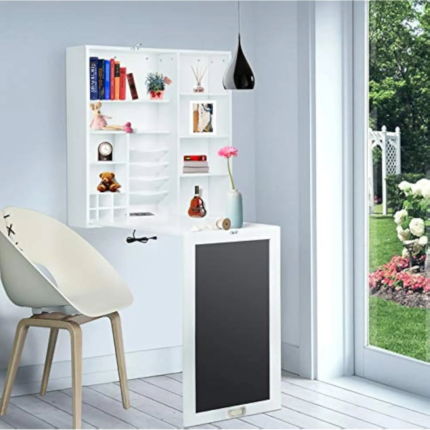 Collapsible fold down desk table with storage cabinet & shelves - wall mounted desk furniture with chalkboard wall - computer d