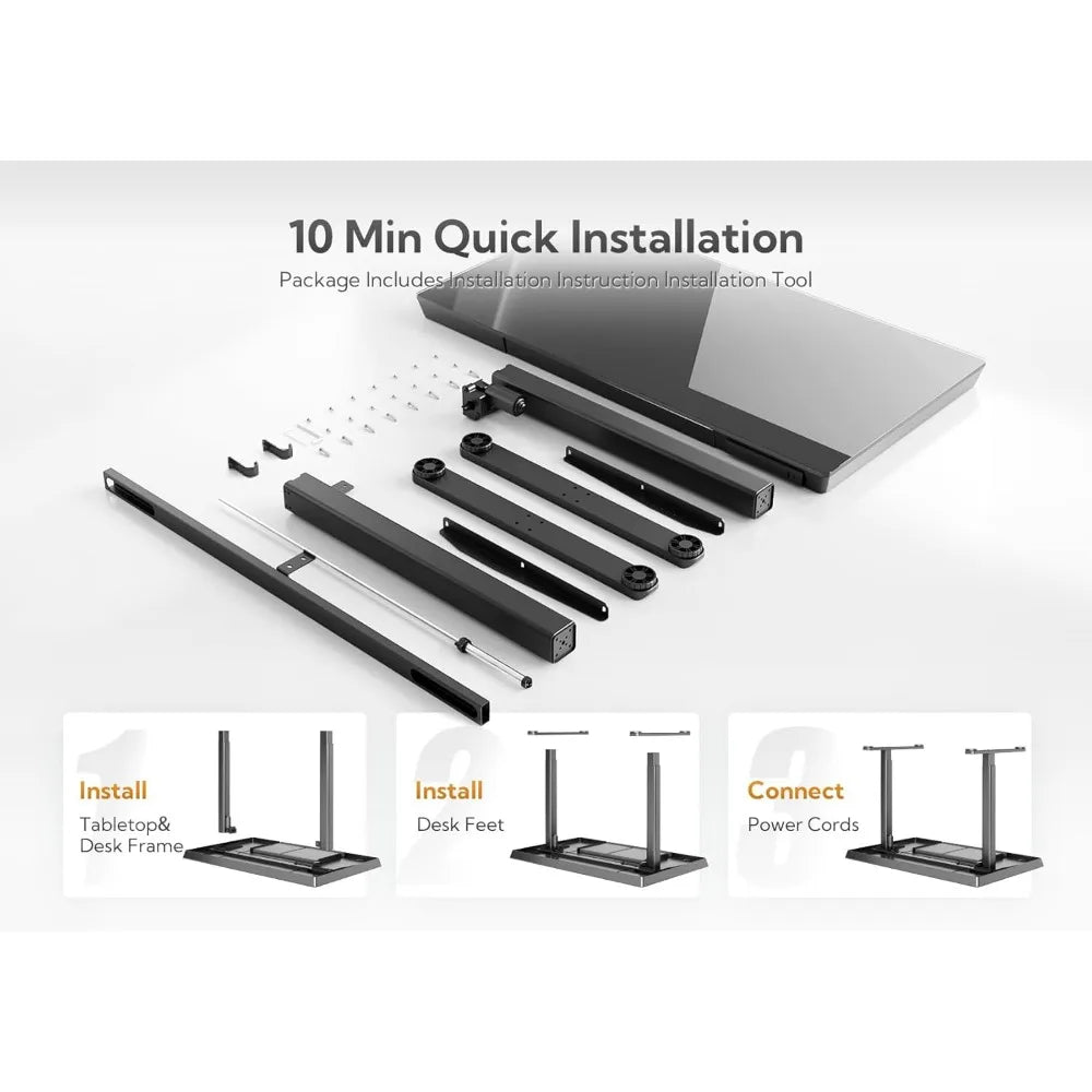 Glass Standing Desk with Drawers, 40 Inch Adjustable Stand Up Desk, Quick Install Home Office Computer Desk with USB Ports, Blac