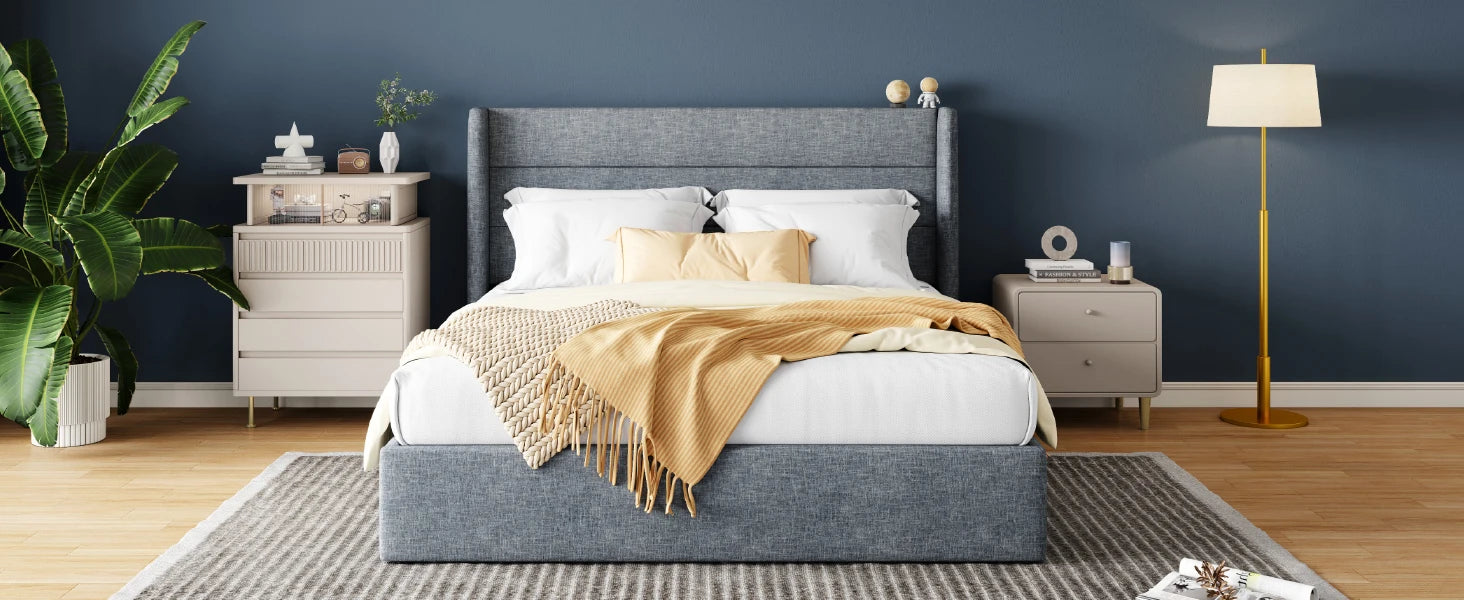 Lift Up Storage Bed with Wingback Headboard and Large Underneath Storage