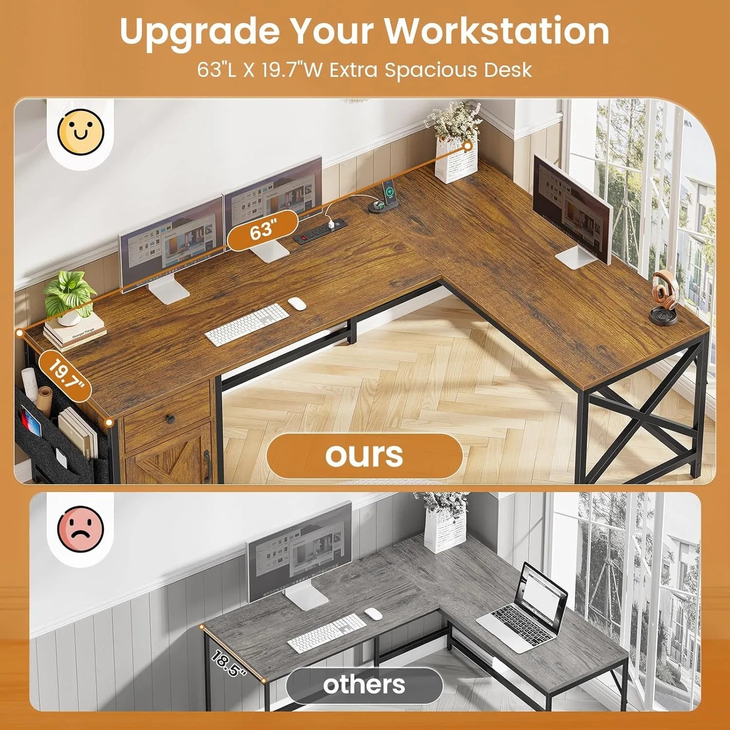 63" L Shaped Farmhouse Convertible Desk with Drawer, Power Strip & Storage Cabinet