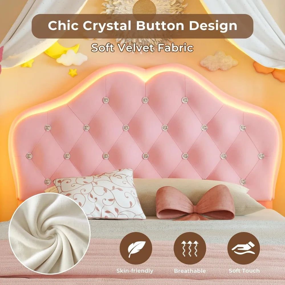FurnishSpot Twin Size LED Upholstered Platform Bed for Girls, Adjustable Velvet Crystal Button Headboard with Storage Drawer