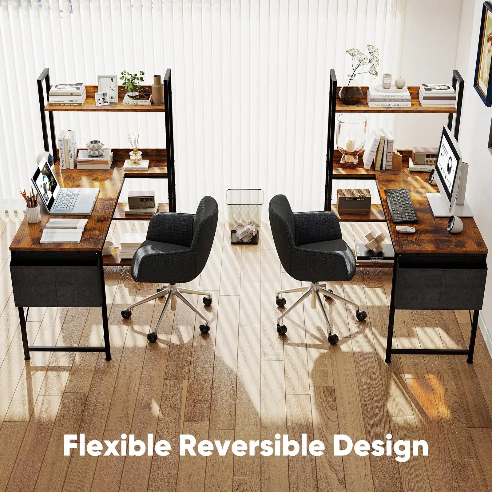 FurnishSpot SpaceSmart™ L-Shaped Computer Desk with Bookshelf & Storage
