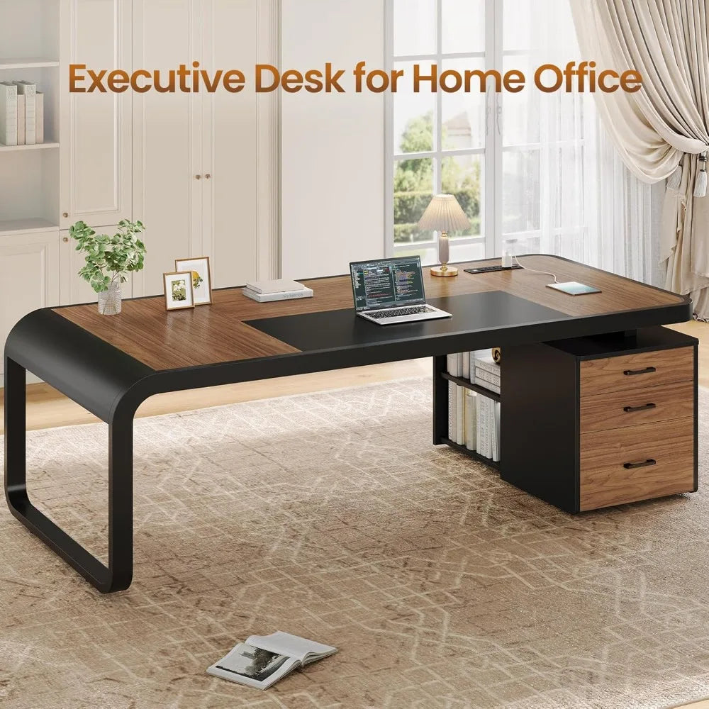 FurnishSpot® Modern Executive Desk with Storage Cabinet, File Drawer & Built-In Charging Station