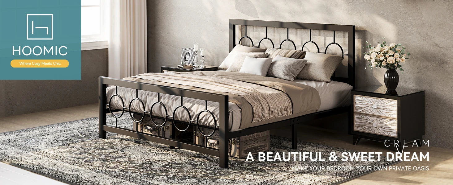 Metal Platform Bed Frame with Vintage Circular Design Headboard and Footboard
