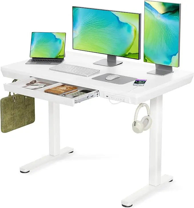 Glass Standing Desk with Drawers, 40 Inch Adjustable Stand Up Desk, Quick Install Home Office Computer Desk with USB Ports, Blac