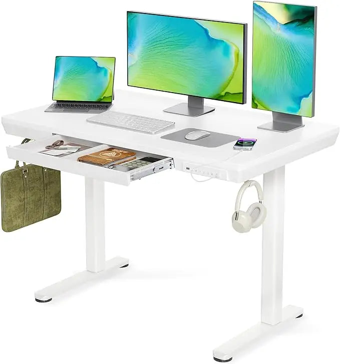 Glass Standing Desk with Drawers, 40 Inch Adjustable Stand Up Desk, Quick Install Home Office Computer Desk with USB Ports, Blac