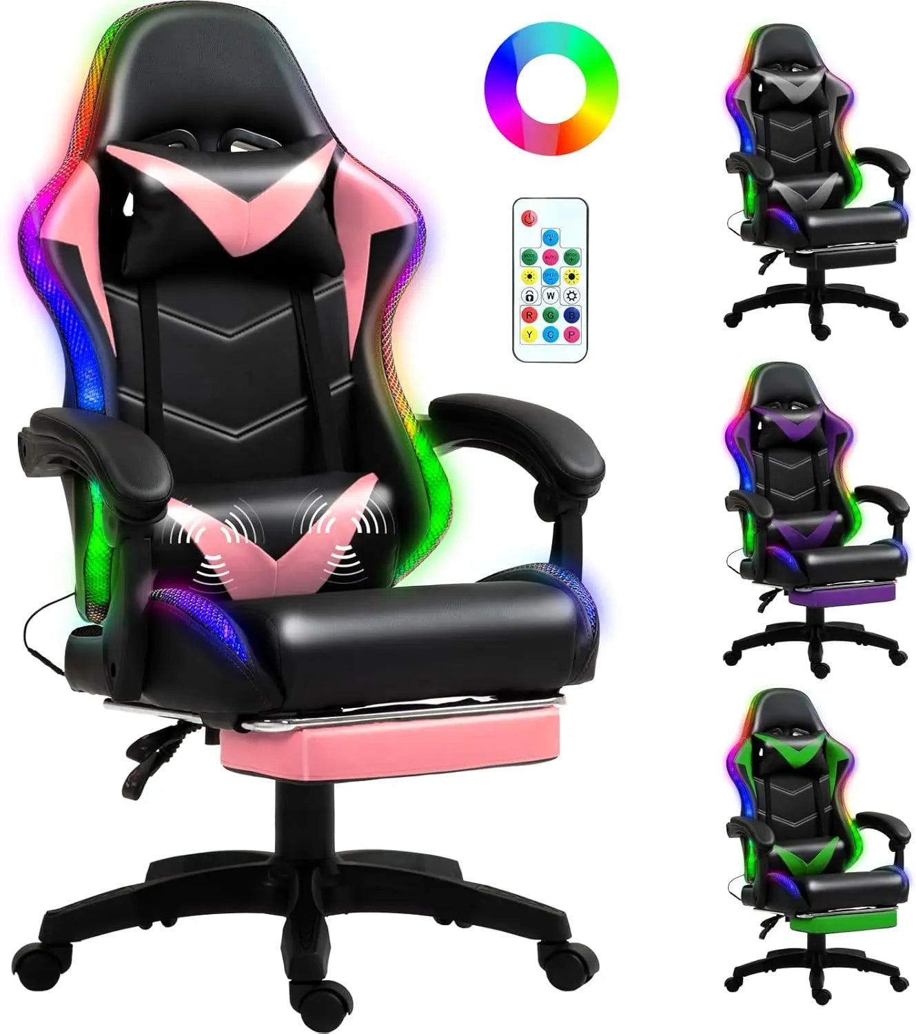 Racing Style RGB LED Lights Gaming Chairs for Adults and Kids with Lumbar Massager