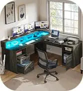 L Shaped Desk with Drawers, 55" Corner Computer Desk with Power Outlets, L-Shaped Desk with LED Lights & File Cabinet for Home O