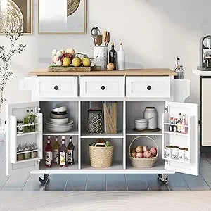74.5" Kitchen Island with Extendable Dining Table,Rolling Kitchen Island on Wheels, Storage Cart with 4 Door Cabinet, Spice Rac
