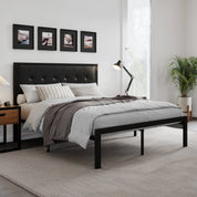 HOOMIC Metal Bed Frame, Upholstered Headboard with Square Stitched, Classic Button Tufted, Faux Leather, No Box Spring Needed