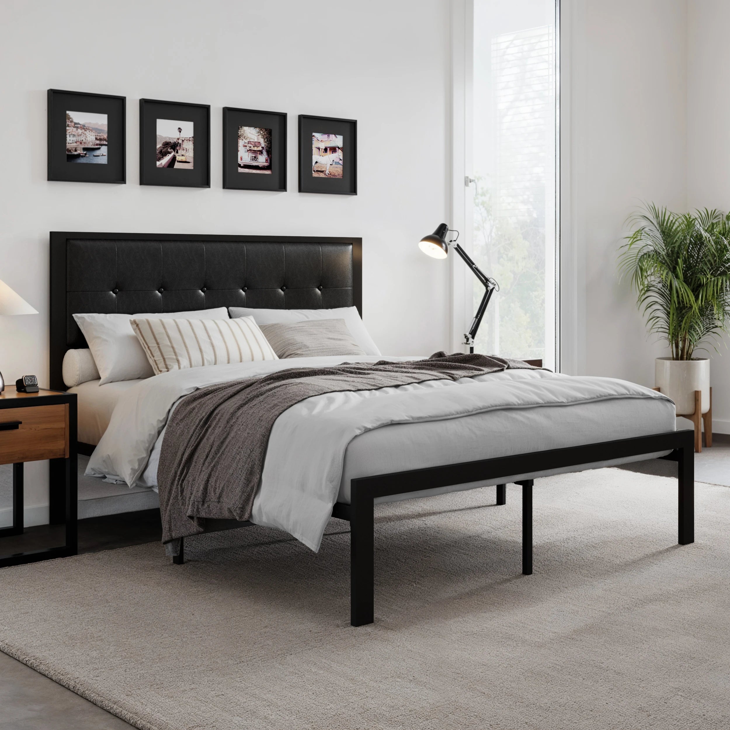 HOOMIC Metal Bed Frame, Upholstered Headboard with Square Stitched, Classic Button Tufted, Faux Leather, No Box Spring Needed