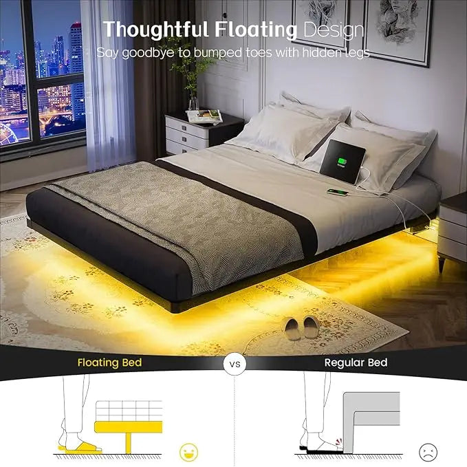 Floating Bed Frame Full Size w/Smart LED Lights & Charging Station -  Metal Platform Bed, Easy Assembly No Box Spring Needed