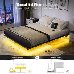 Floating Bed Frame Full Size w/Smart LED Lights & Charging Station -  Metal Platform Bed, Easy Assembly No Box Spring Needed
