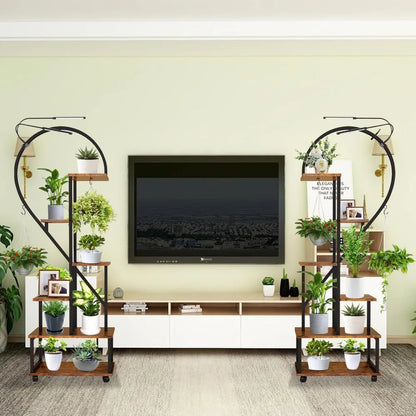2PCS 6 Tier Tall Plant Stand Indoor with Grow Lights, Half Heart Shaped Plant Stands for Indoor Plants Multiple with Wheels, Lar