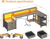 L Shaped Desk with File Drawer, 75" Reversible L Shaped Computer Desk with Power Outlet & LED Strip, Corner Desk, Grey Oak