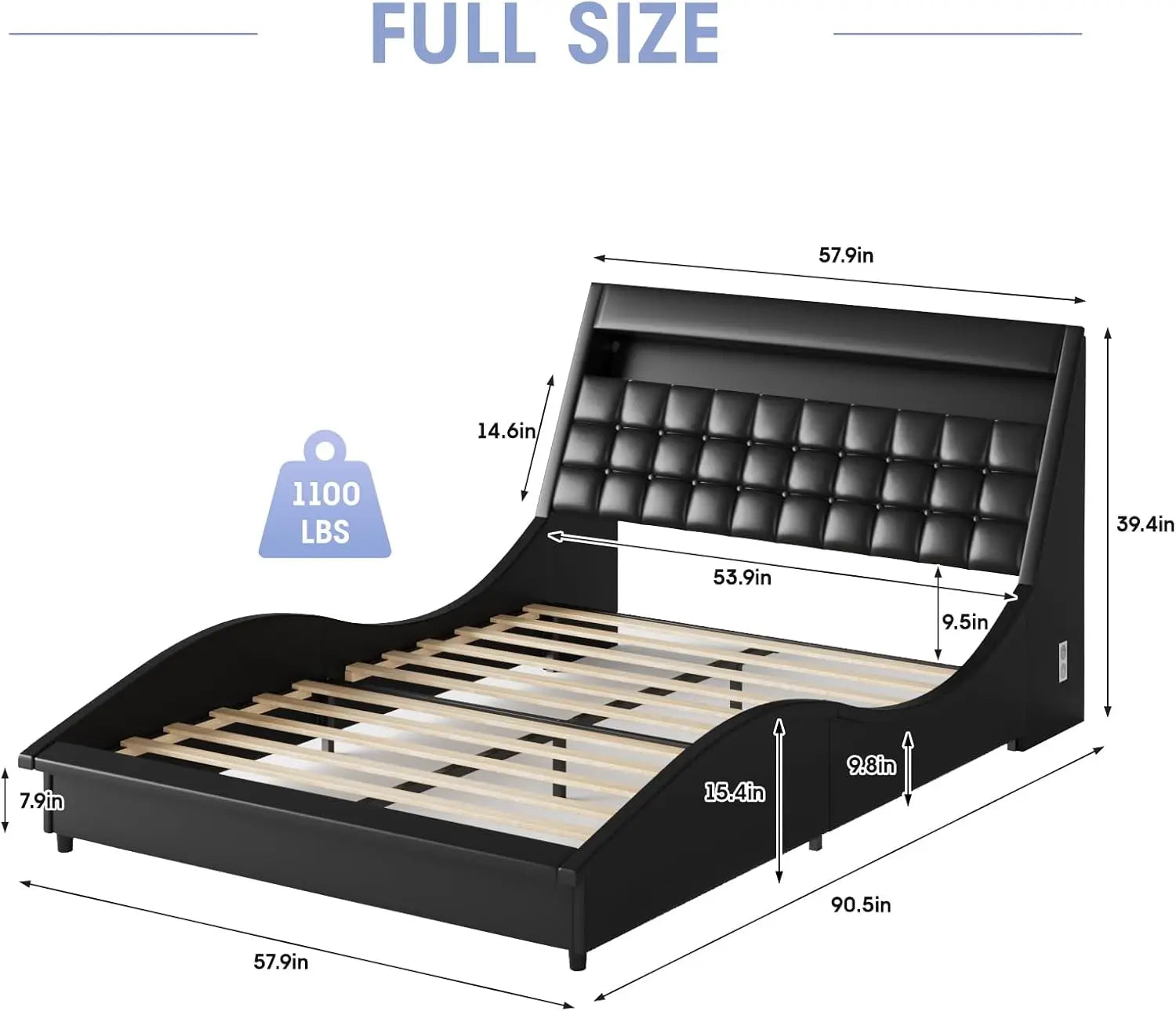Vabches Full Size Bed Frame with Wave-Like Curve Design PU Leather Upholstered Platform Bed Frame w Charging Station&LED Lights