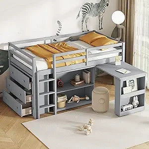 Playful Design Full Size Low Loft Bed with Slide and 3 Storage Drawers, Multiple Functions Wooden Loft Bed Frame with 2 Doors fo