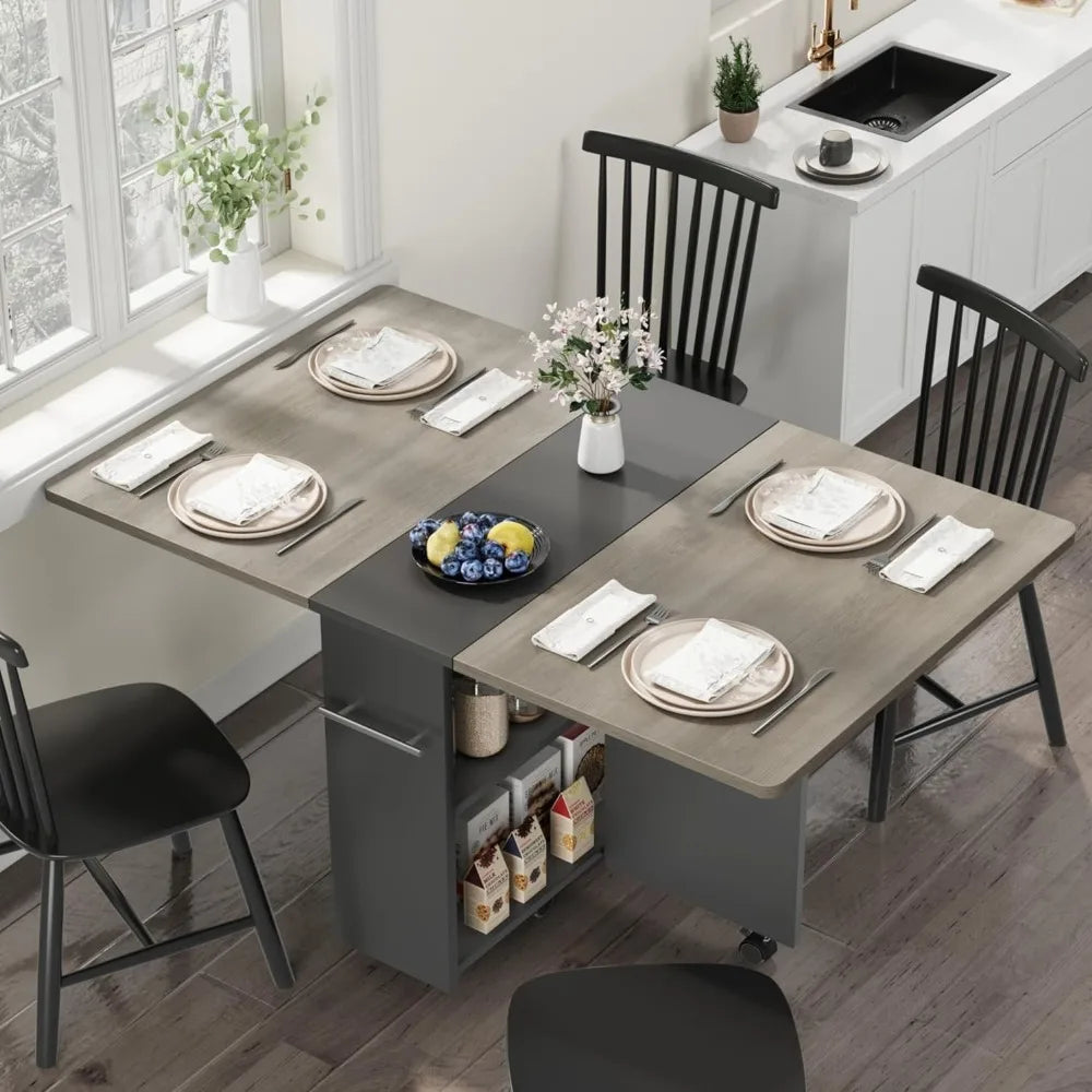 Space Saving Folding Dining Table with 2 Tier Storage-Extendable Drop Leaf Farmhouse Kitchen Dining Room Tables Set for 4