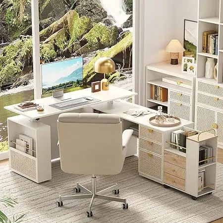 63" L Shaped Standing Desk, AC/USB, Electric Stand Up Table with Multiple Functions, Height Adjustable Executive Desk with 3 Dra