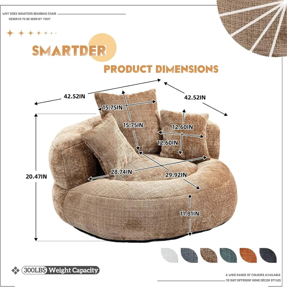 Giant Bean Bag Chair with Foam Filler, Oversized Bean Bag Couch for Adults Teens, Comfy Floor Sofa Chair with 3 Pillows, Lazy Be