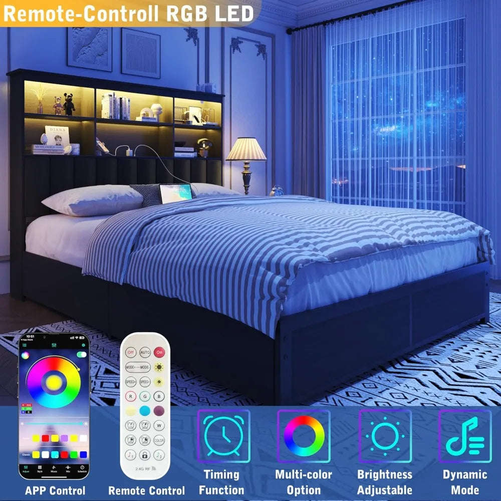 Multi-Functional Storage Bed with Bookcase Headboard, 4 Lockable Drawers, Built-In Charging Station, RGB LED Lights – Modern Platform Bed for Bedroom, USB & AC Outlets Included
